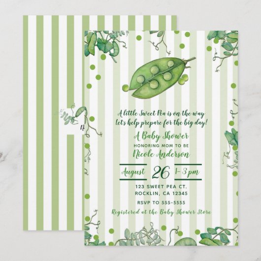 Invitation Pois doux vert rayé Baby Shower (Devant / Derrière)