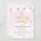 Invitation Pois et Coeurs blancs en or rose 1er anniversaire (Devant)