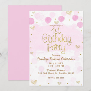 Invitation Pois et Coeurs blancs en or rose 1er anniversaire