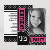 Invitation Pois moderne, fête de la fille rose avec photo (Devant / Derrière)