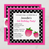 Invitation Pois noir et blanc d'anniversaire rose de fraise (Devant / Derrière)