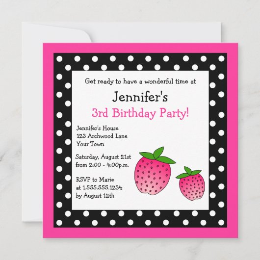 Invitation Pois noir et blanc d'anniversaire rose de fraise (Devant)