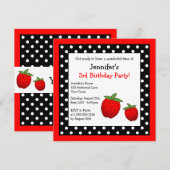Invitation Pois noir et blanc d'anniversaire rouge de fraise (Devant / Derrière)