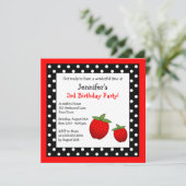 Invitation Pois noir et blanc d'anniversaire rouge de fraise (Debout devant)