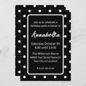 Invitation Pois noir et blanc fête d'anniversaire (Devant / Derrière)