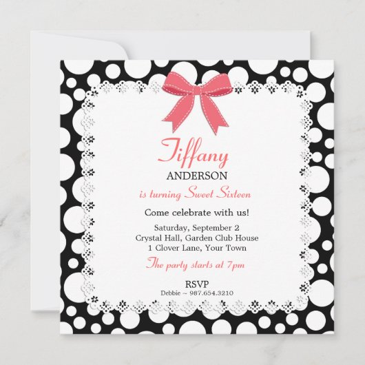 Invitation Pois noirs et blancs avec dentelle douce 16 Annive (Devant)