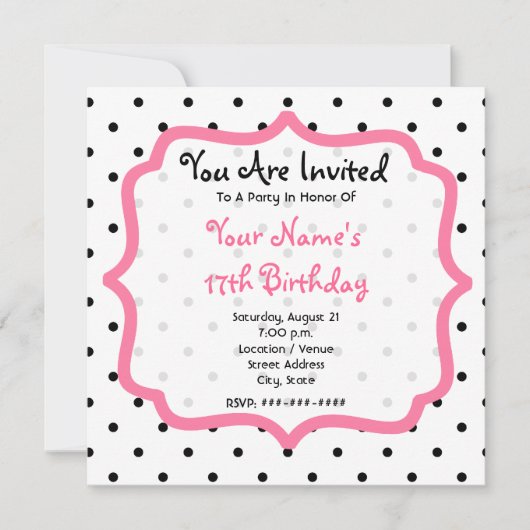 Invitation Pois noirs et fête d'anniversaire du Cupcake rose (Devant)