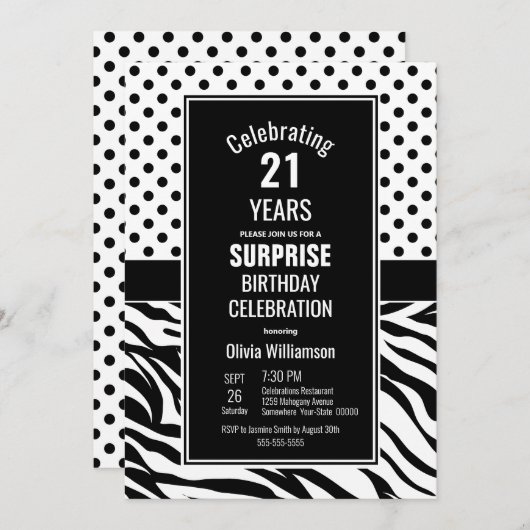Invitation Pois rétro Surprise 21e fête d'anniversaire (Devant / Derrière)