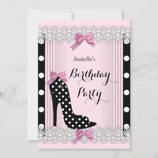 Invitation Pois rose noir haut talon fête d'anniversaire (Devant)