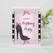Invitation Pois rose noir haut talon fête d'anniversaire (Debout devant)