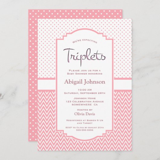 Invitation Pois roses Chevron Stripes Triplets (Devant / Derrière)