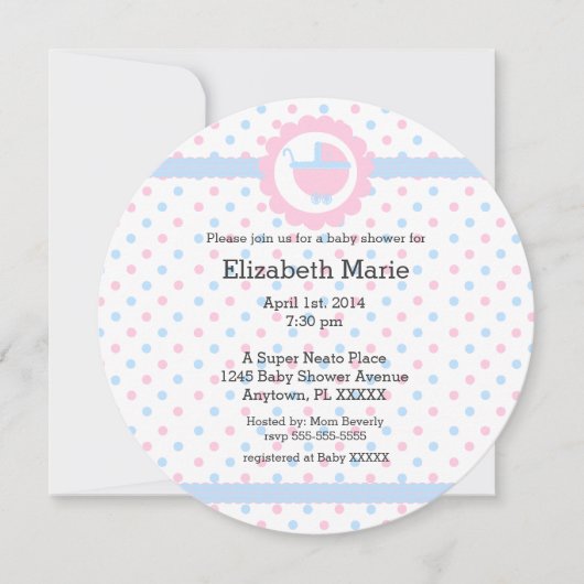 Invitation Pois roses et bleus-rond de Baby shower (Devant)