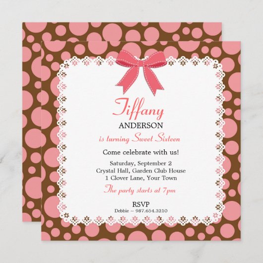 Invitation Pois roses et Brown avec dentelle douce 16 Anniver (Devant / Derrière)