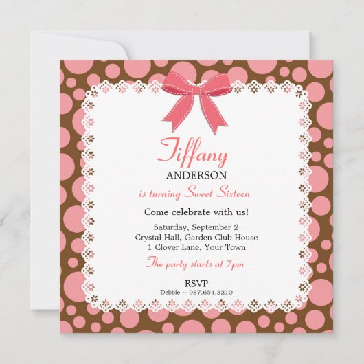 Invitation Pois roses et Brown avec dentelle douce 16 Anniver (Devant)