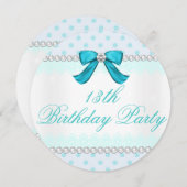 Invitation Pois turquoise, Filles 13e anniversaire (Devant / Derrière)