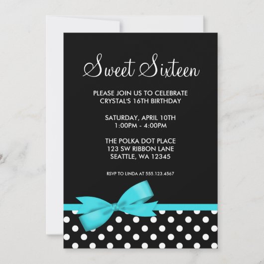 Invitation Pois Turquoises et noirs Bow Sweet 16 Anniversaire (Devant)