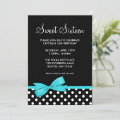 Invitation Pois Turquoises et noirs Bow Sweet 16 Anniversaire (Debout devant)