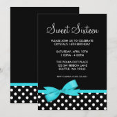 Invitation Pois Turquoises et noirs Bow Sweet 16 Anniversaire (Devant / Derrière)