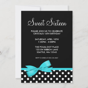 Invitation Pois Turquoises et noirs Bow Sweet 16 Anniversaire