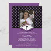 Invitation Pois violet moderne première communion (Devant / Derrière)
