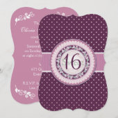 Invitation pois violets Vintages, fleurs, dentelle Sweet 16 (Devant / Derrière)