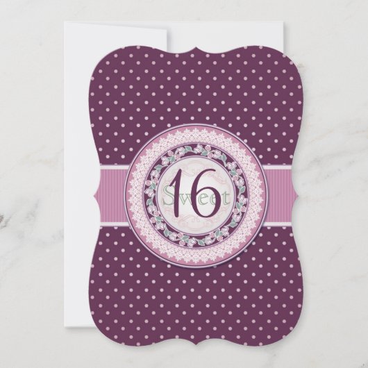 Invitation pois violets Vintages, fleurs, dentelle Sweet 16 (Devant)