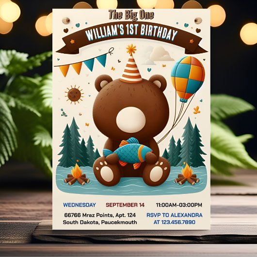 Invitation Poisson Brown Garçon mignon bébé ours 1er annivers