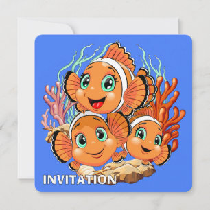 Invitation Poisson clown Dessin animé Mignon Famille Sous l'e