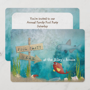 Invitation Poisson de fête au bord de la piscine dans l'océan