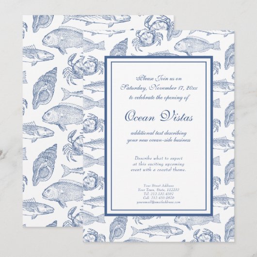 Invitation Poisson et crabe bleu et blanc Élégant événement c (Devant / Derrière)