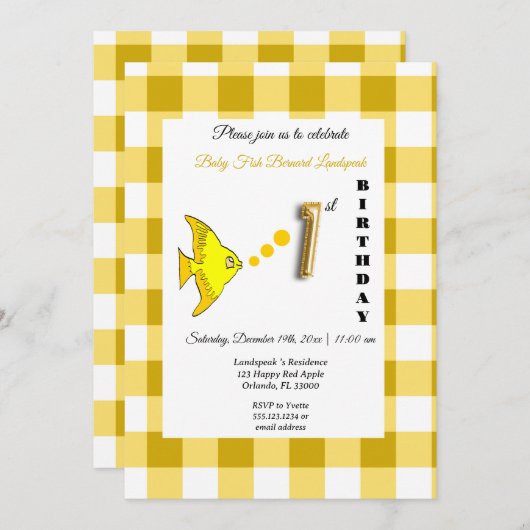Invitation Poisson Jaune & En vichy Ballons Or 1er Anniversai (Devant / Derrière)