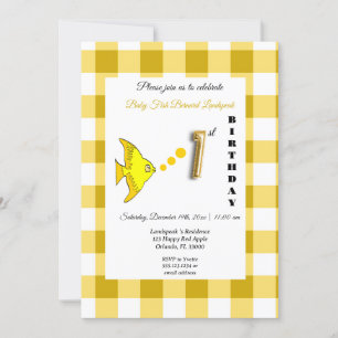 Invitation Poisson Jaune & Gingham Ballon Doré 1er Anniversai