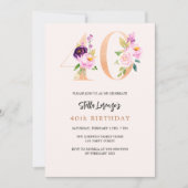 Invitation Poisson rose numéros floraux or 40e anniversaire (Devant)