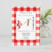 Invitation Poisson rouge et En vichy ballon doré 1er annivers (Debout devant)