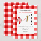 Invitation Poisson rouge et En vichy ballon doré 1er annivers (Devant / Derrière)