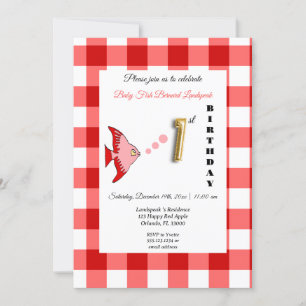 Invitation Poisson Rouge & Gingham Ballon Doré 1er Anniversai