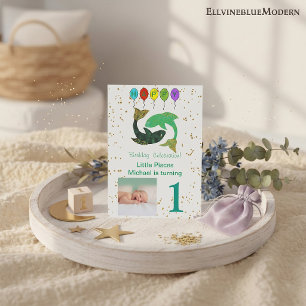 Invitation Poissons Premier Anniversaire Or, Ballons & Photo