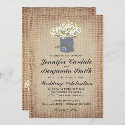 Invitation Poissons Rustiques Double Coeur Burlap Mariage Inv (Devant / Derrière)