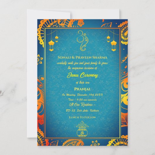 Invitation Poite Janeu Upanayanam Hindu Thread Turquoise or (Devant)