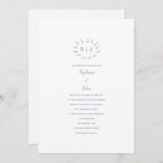 Invitation Poitrine feutrée bleu Dusty Custom Simple Mariage  (Devant / Derrière)