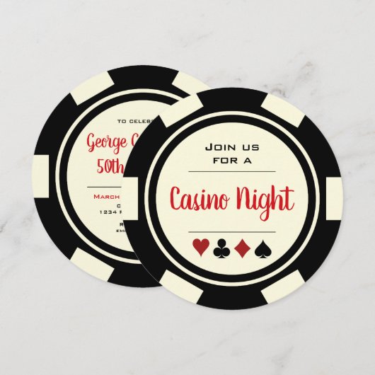 Invitation Poker Chip Black White Casino Nuit Anniversaire (Devant / Derrière)