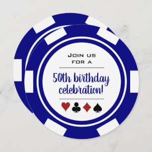 Invitation Poker Chip Navy Blue White Vegas Casino Anniversai
