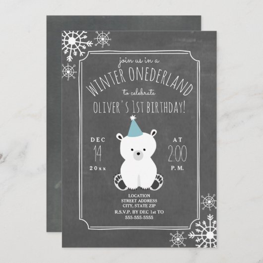 Invitation Polar Bear Boy Winter ONE derland Premier annivers (Devant / Derrière)