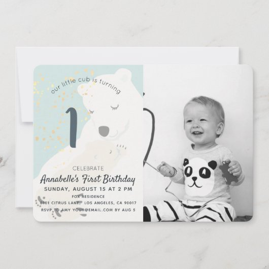 Invitation Polar Bear Maman & Cub Photo 1er Anniversaire Invi (Devant)