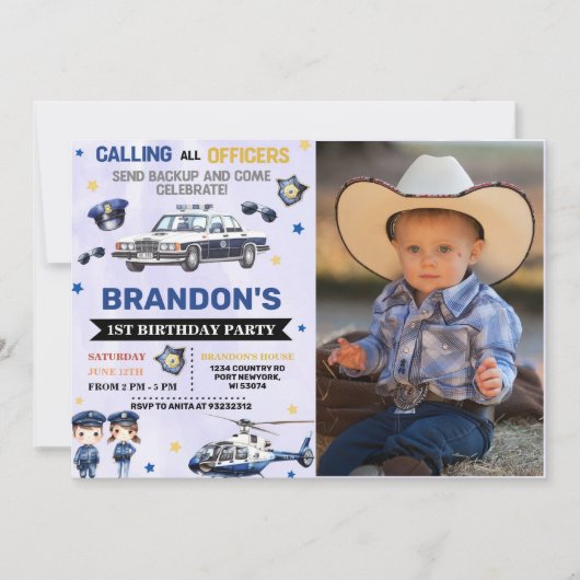 Invitation Police Boy 1er Anniversaire Photo (Devant)