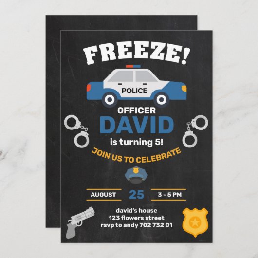 Invitation Police Boy Birthday Party Policier Chalkboard (Devant / Derrière)