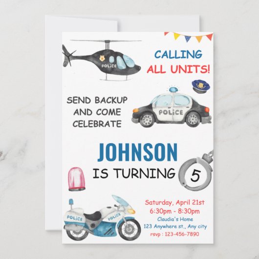 Invitation Police Cop Policeman fête d'anniversaire (Devant)