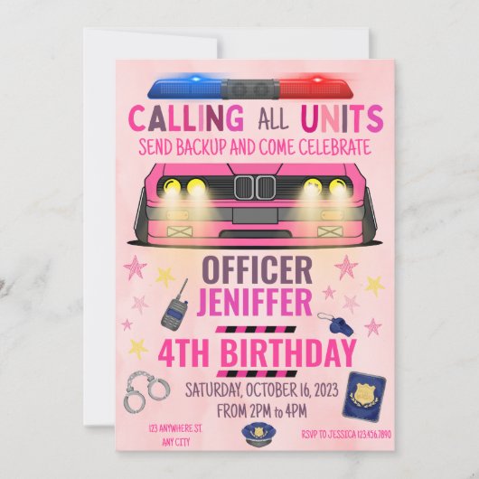 Invitation Police de Girl Pink Anniversaire (Devant)