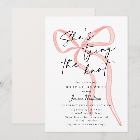 Invitation Police de script moderne Big Pink Bow Fête des mar (Devant / Derrière)