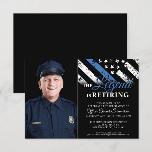 Invitation Police Retraite Party Mince ligne bleue (Devant / Derrière)